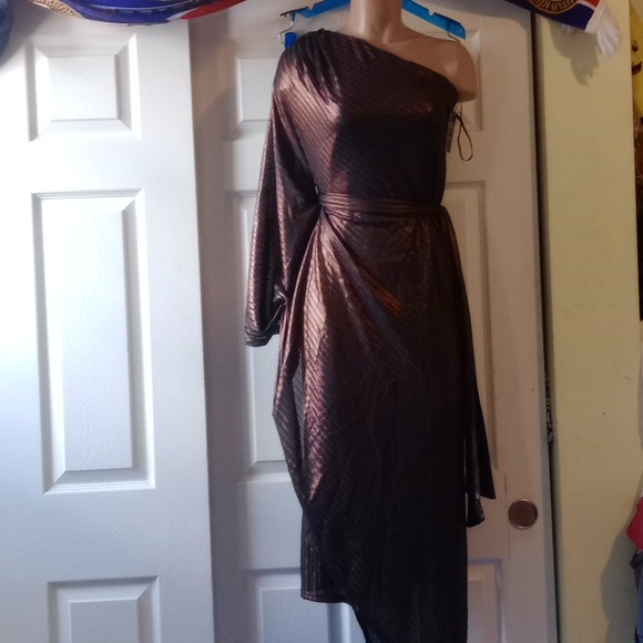 JLUXLABEL Metallic Bronze One-Shoulder Dress, Small - Picture 3 of 11